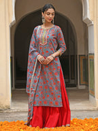 Janasya Women's Sky Blue Cotton Floral Block Print Kurta With Gharara And Dupatta | Grocsy