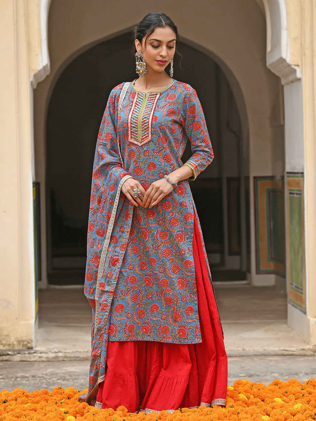 Janasya Women's Sky Blue Cotton Floral Block Print Kurta With Gharara And Dupatta | Grocsy
