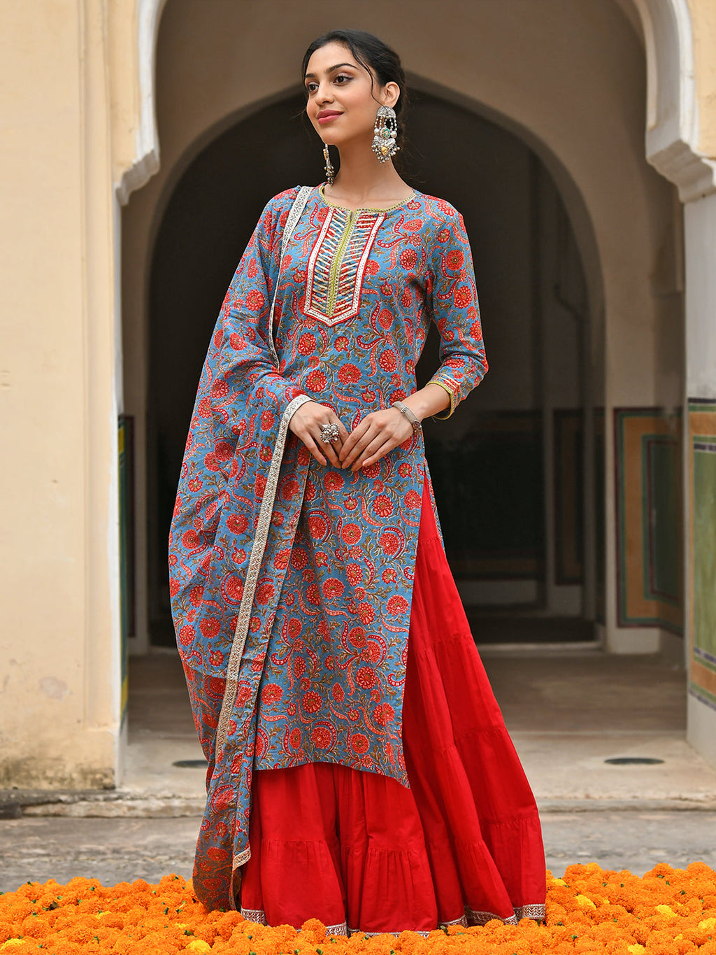 Janasya Women's Sky Blue Cotton Floral Block Print Kurta With Gharara And Dupatta | Grocsy