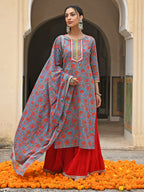 Janasya Women's Sky Blue Cotton Floral Block Print Kurta With Gharara And Dupatta | Grocsy