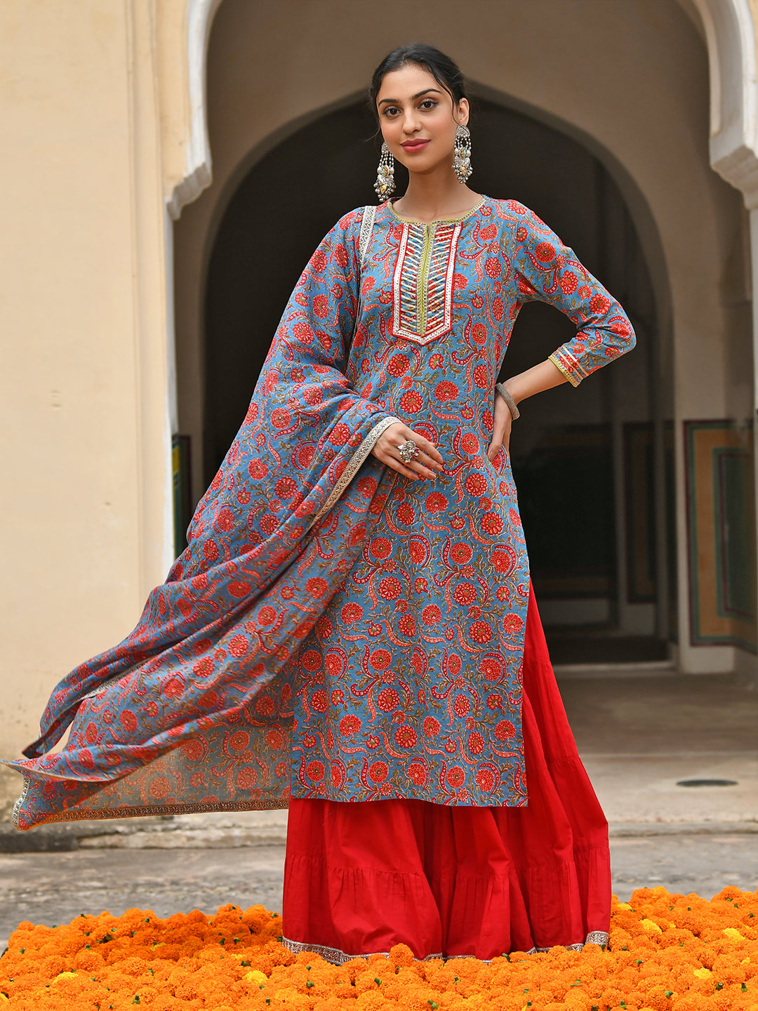 Janasya Women's Sky Blue Cotton Floral Block Print Kurta With Gharara And Dupatta | Grocsy