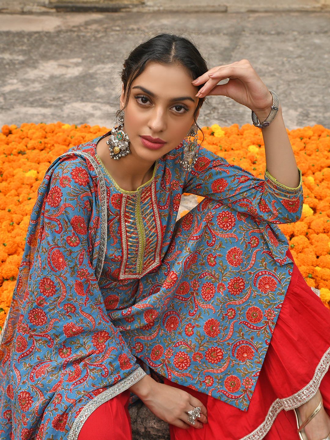 Janasya Women's Sky Blue Cotton Floral Block Print Kurta With Gharara And Dupatta | Grocsy