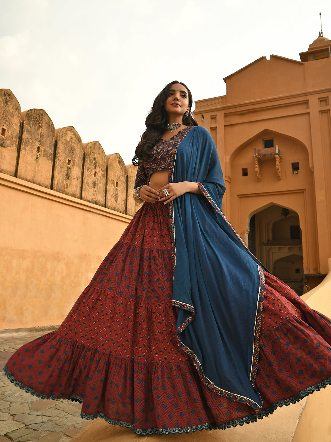 Janasya Women's Maroon Cotton Block Print Lehenga Choli With Dupatta | Grocsy