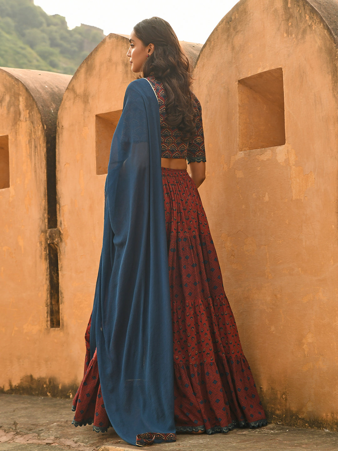 Janasya Women's Maroon Cotton Block Print Lehenga Choli With Dupatta | Grocsy