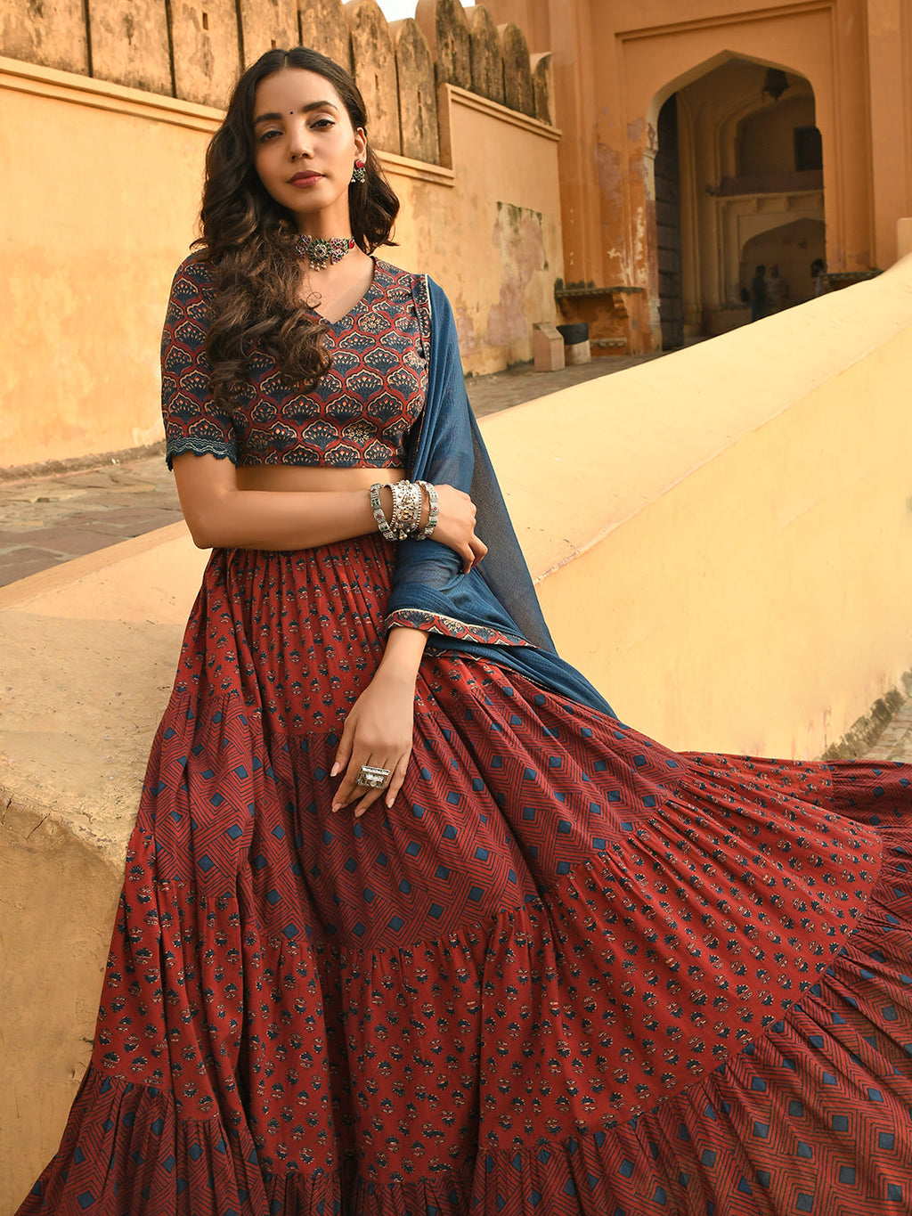 Janasya Women's Maroon Cotton Block Print Lehenga Choli With Dupatta | Grocsy