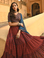 Janasya Women's Maroon Cotton Block Print Lehenga Choli With Dupatta | Grocsy