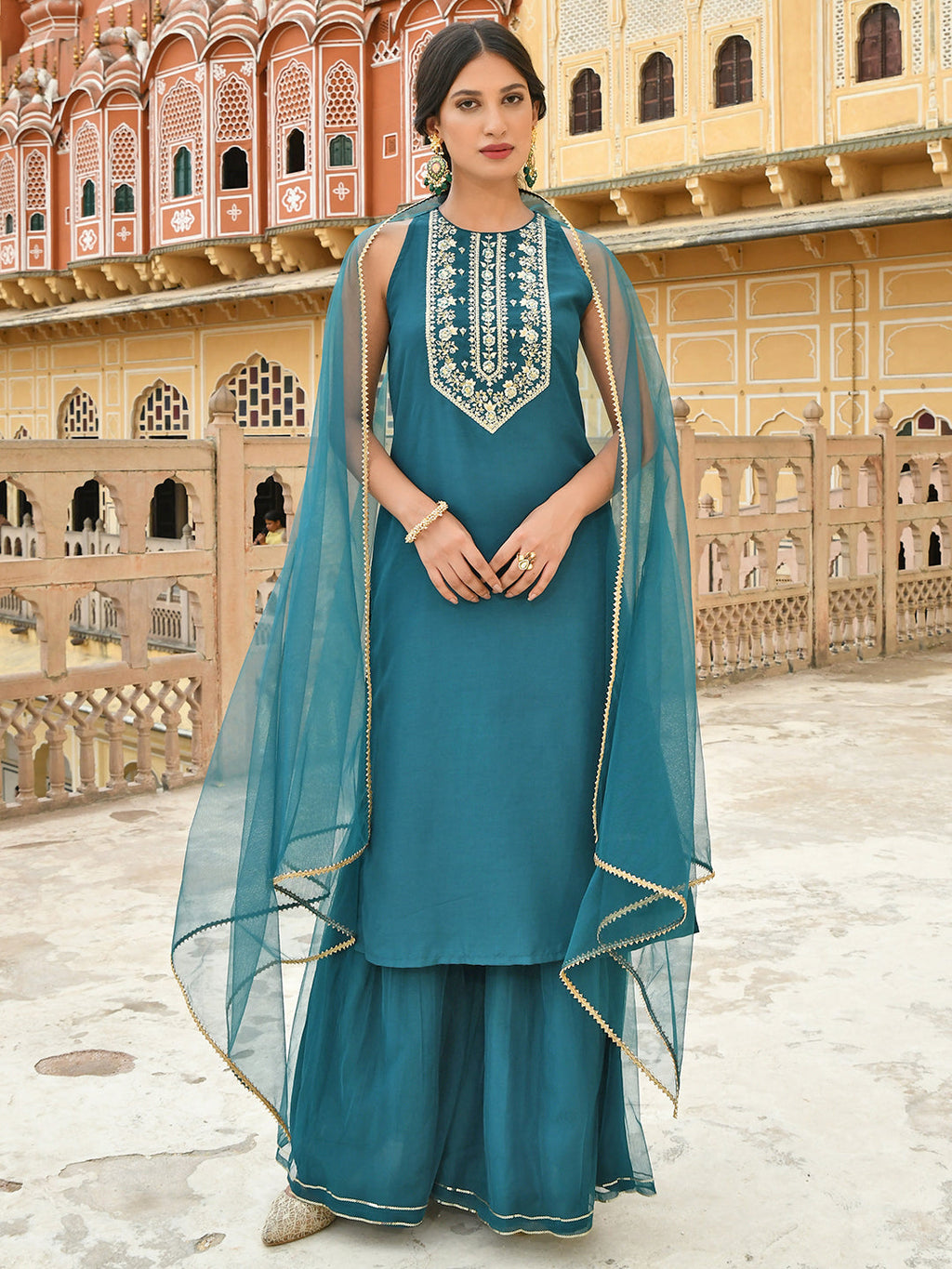Janasya Women's Teal Green Poly Silk Embroidered Kurta With Sharara And Dupatta | Grocsy