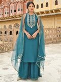 Janasya Women's Teal Green Poly Silk Embroidered Kurta With Sharara And Dupatta | Grocsy