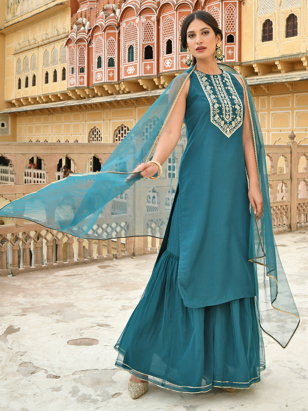 Janasya Women's Teal Green Poly Silk Embroidered Kurta With Sharara And Dupatta | Grocsy