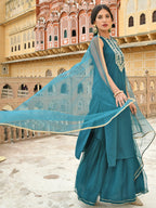 Janasya Women's Teal Green Poly Silk Embroidered Kurta With Sharara And Dupatta | Grocsy