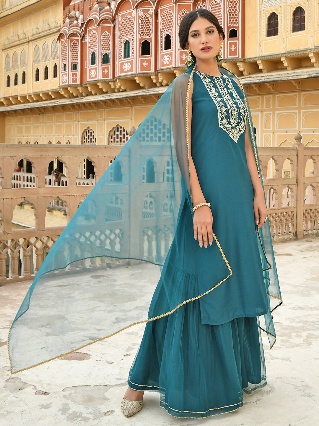 Janasya Women's Teal Green Poly Silk Embroidered Kurta With Sharara And Dupatta | Grocsy