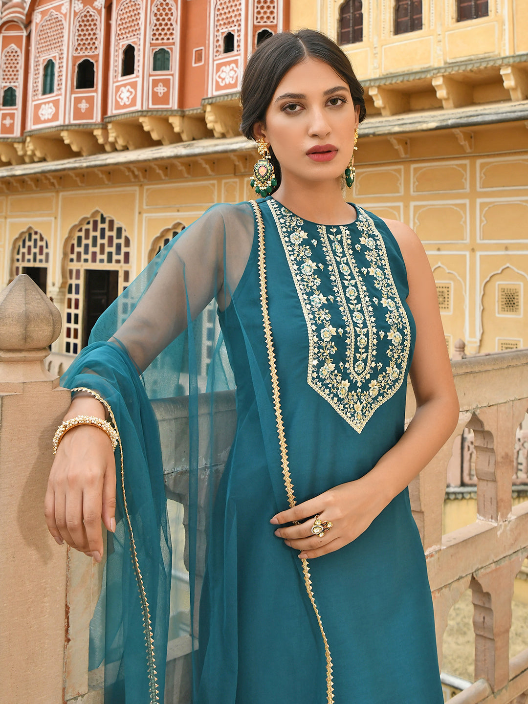Janasya Women's Teal Green Poly Silk Embroidered Kurta With Sharara And Dupatta | Grocsy