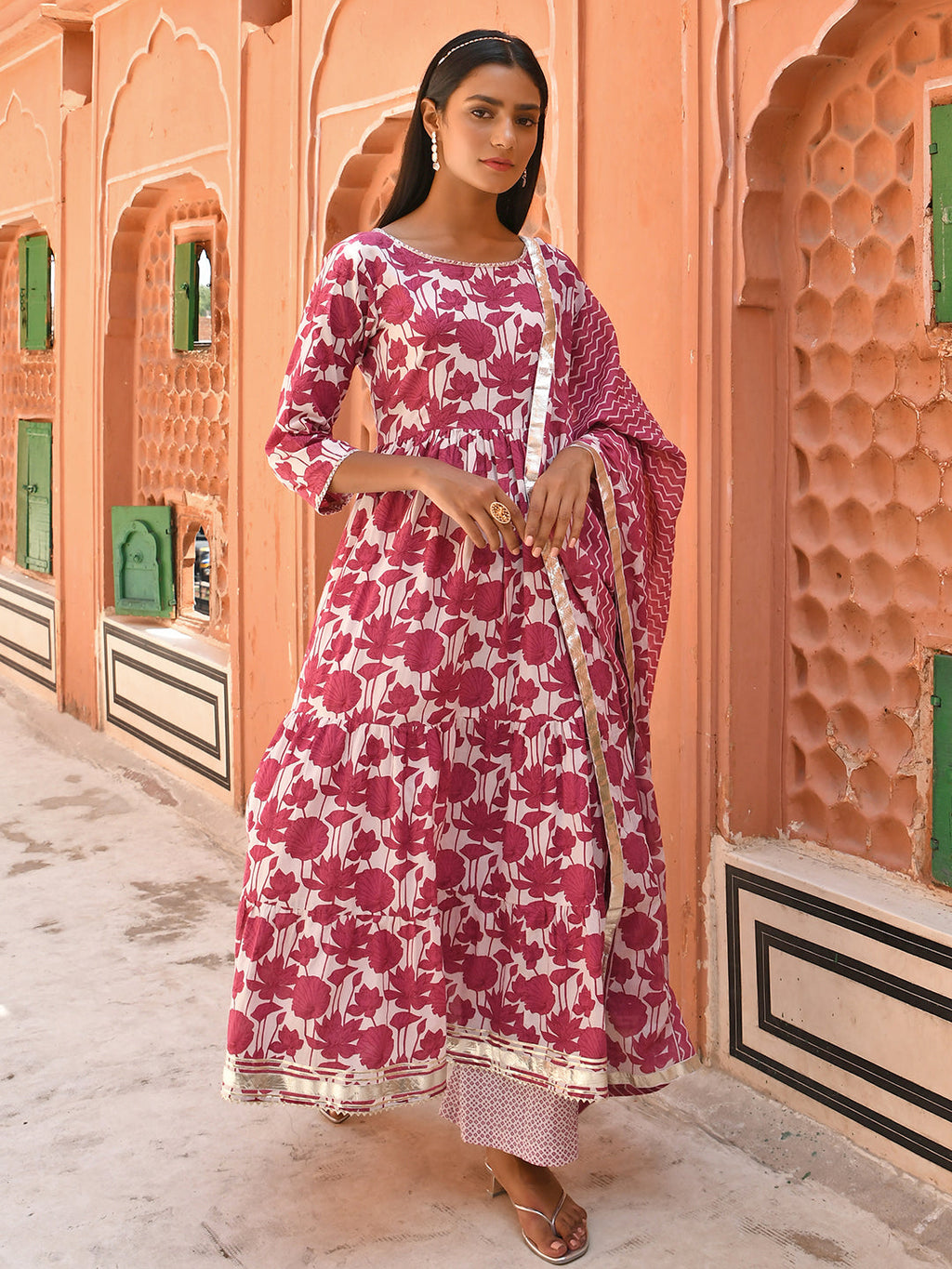Janasya Women's White Cotton Floral Print Kurta With Palazzo And Dupatta | Grocsy
