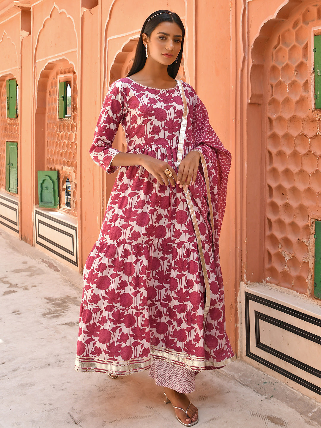 Janasya Women's White Cotton Floral Print Kurta With Palazzo And Dupatta | Grocsy