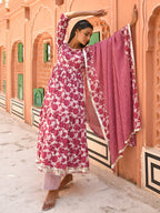 Janasya Women's White Cotton Floral Print Kurta With Palazzo And Dupatta | Grocsy
