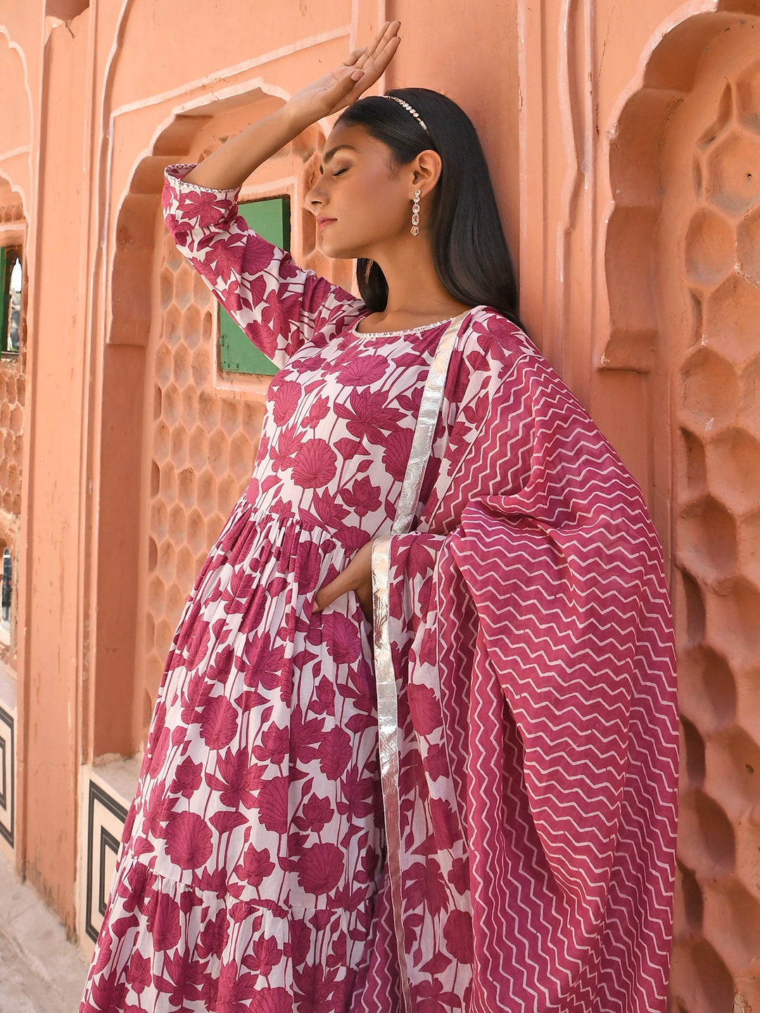 Janasya Women's White Cotton Floral Print Kurta With Palazzo And Dupatta | Grocsy