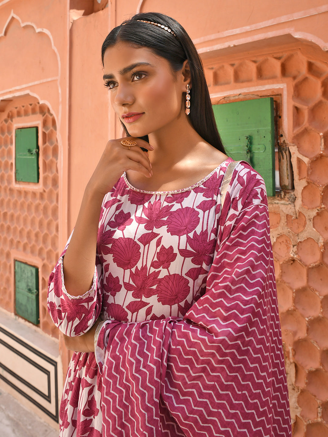 Janasya Women's White Cotton Floral Print Kurta With Palazzo And Dupatta | Grocsy