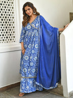 Janasya Women's Blue Cotton Floral Block Print Kurta With Flared Palazzo And Dupatta | Grocsy
