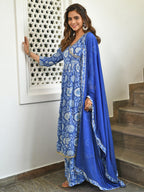 Janasya Women's Blue Cotton Floral Block Print Kurta With Flared Palazzo And Dupatta | Grocsy