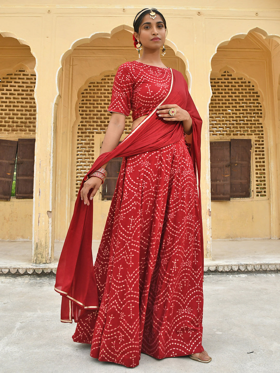 Janasya Women's Maroon Rayon Ethnic Motifs Foil Print Lehenga Choli With Dupatta | Grocsy