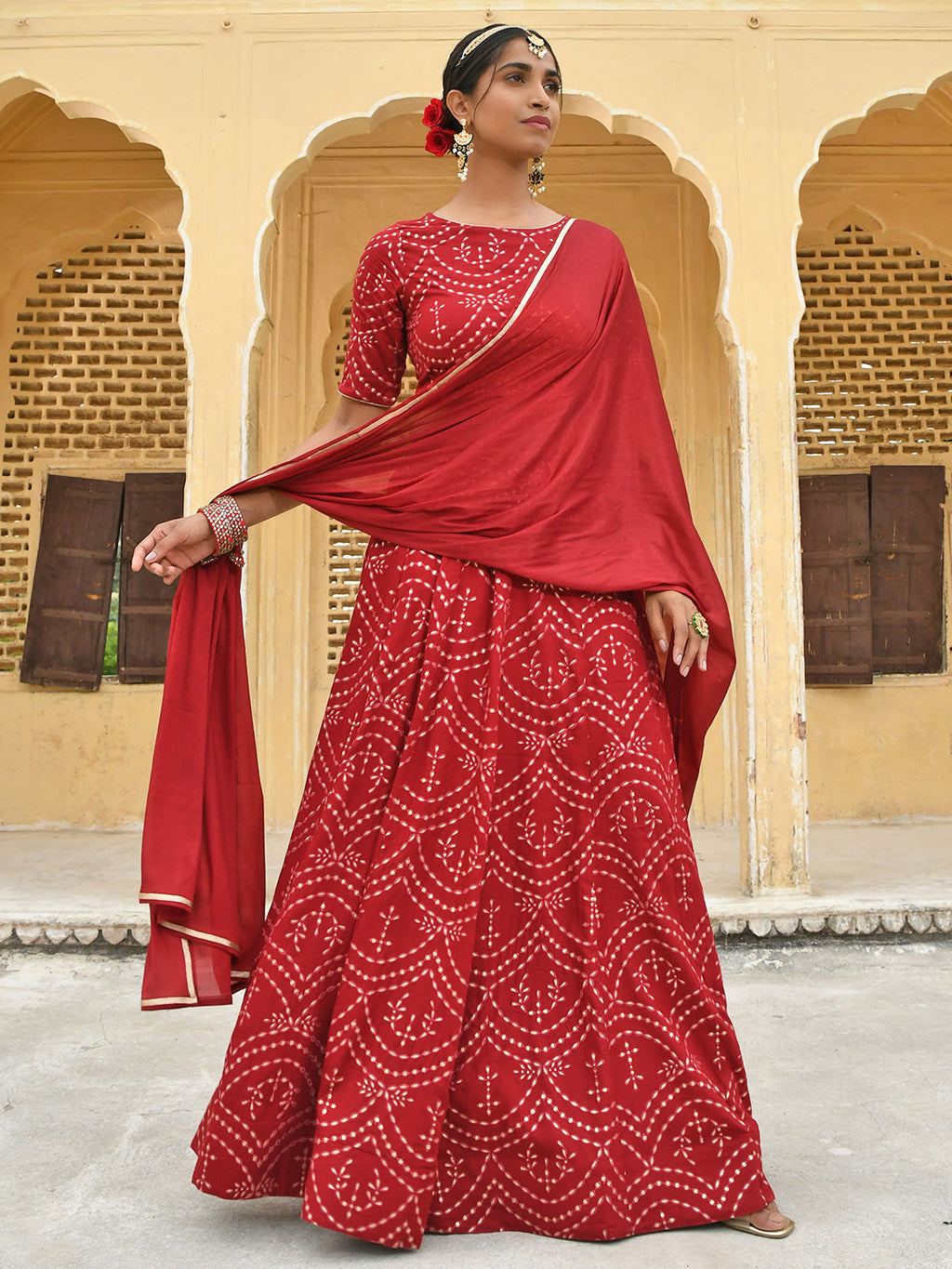 Janasya Women's Maroon Rayon Ethnic Motifs Foil Print Lehenga Choli With Dupatta | Grocsy
