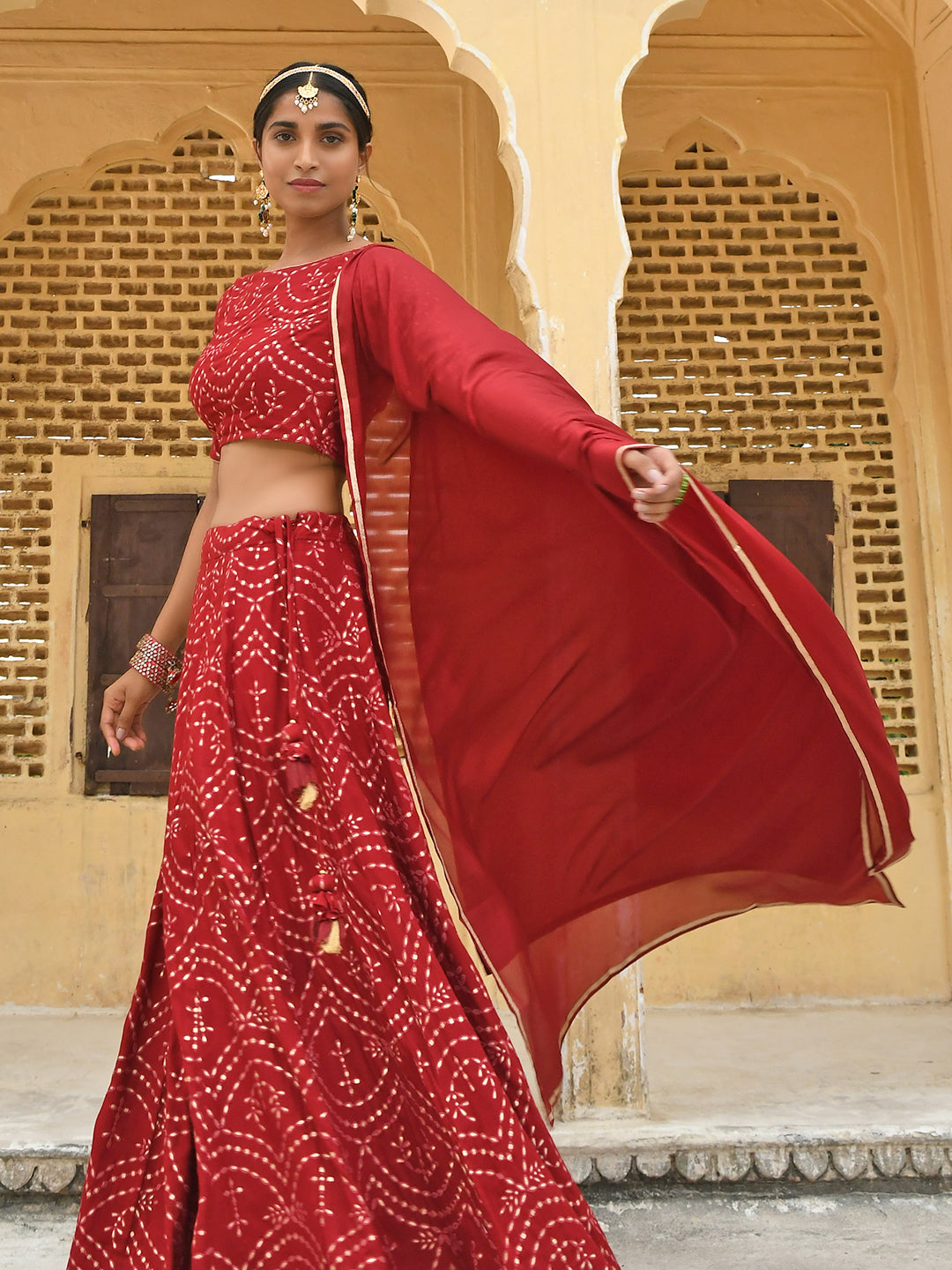 Janasya Women's Maroon Rayon Ethnic Motifs Foil Print Lehenga Choli With Dupatta | Grocsy