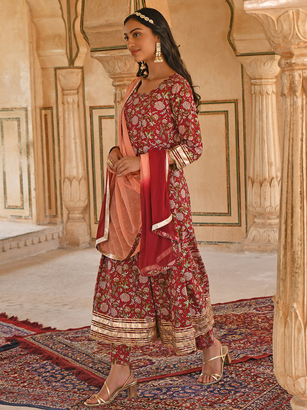 Janasya Women's Maroon Cotton Floral Block Print Kurta With Pant And Dupatta | Grocsy