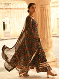 Janasya Women's Black Cotton Floral Block Print Kurta With Flared Palazzo And Dupatta | Grocsy