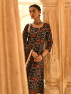 Janasya Women's Black Cotton Floral Block Print Kurta With Flared Palazzo And Dupatta | Grocsy