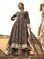 Janasya Women's Black Cotton Floral Block Print Kurta With Flared Palazzo And Dupatta | Grocsy