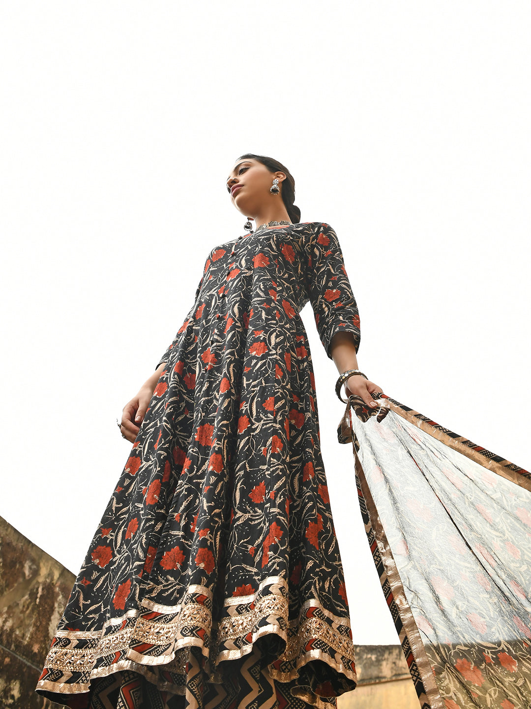 Janasya Women's Black Cotton Floral Block Print Kurta With Flared Palazzo And Dupatta | Grocsy