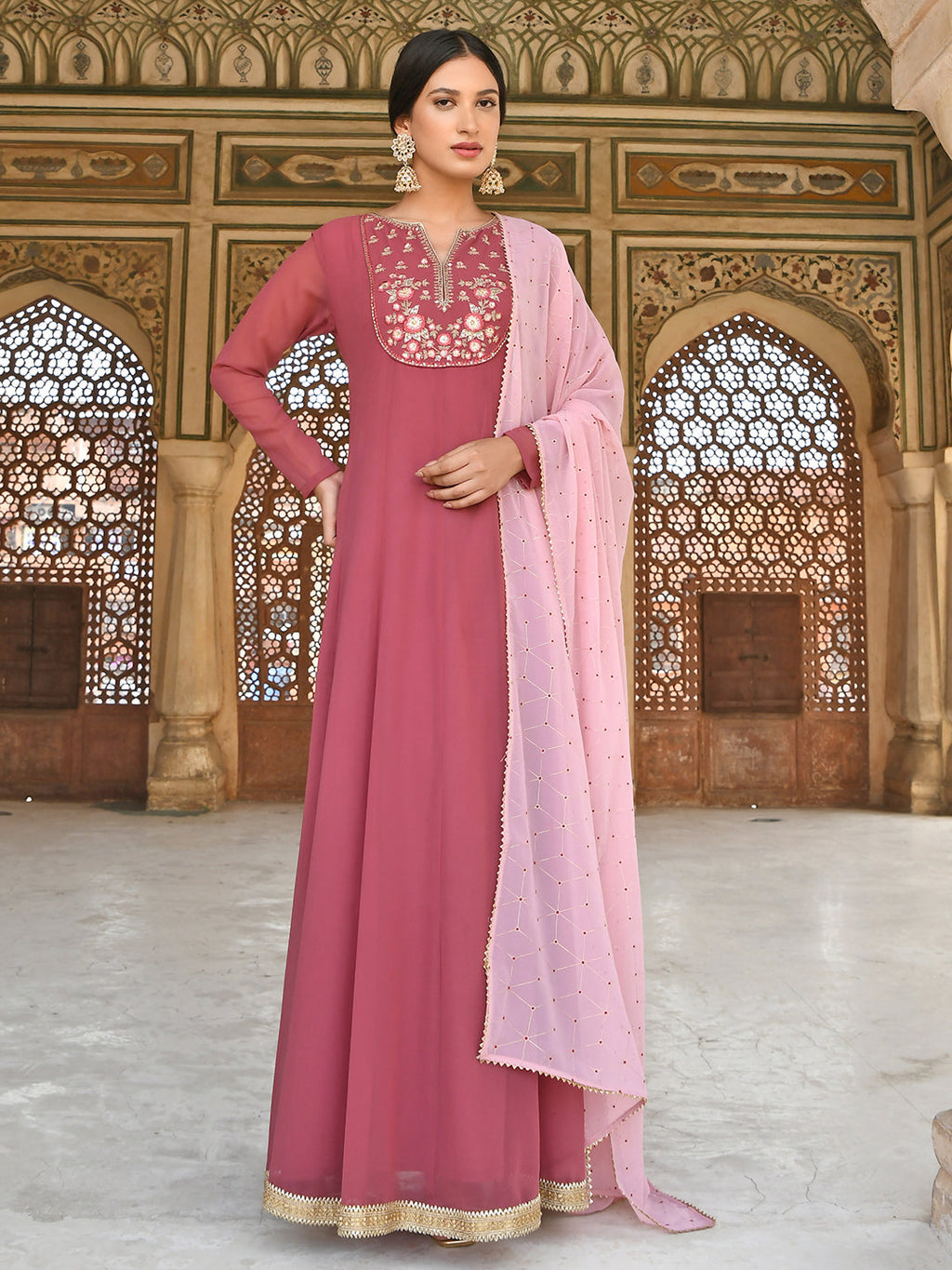 Janasya Women's Old Rose Georgette Embroidered Kurta With Dupatta | Grocsy