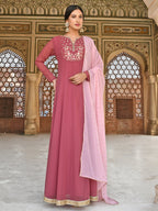 Janasya Women's Old Rose Georgette Embroidered Kurta With Dupatta | Grocsy