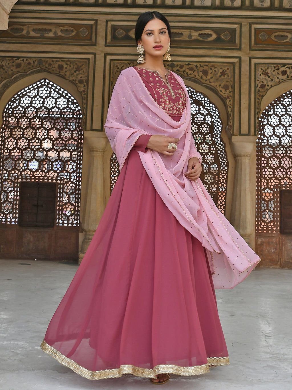 Janasya Women's Old Rose Georgette Embroidered Kurta With Dupatta | Grocsy