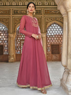 Janasya Women's Old Rose Georgette Embroidered Kurta With Dupatta | Grocsy