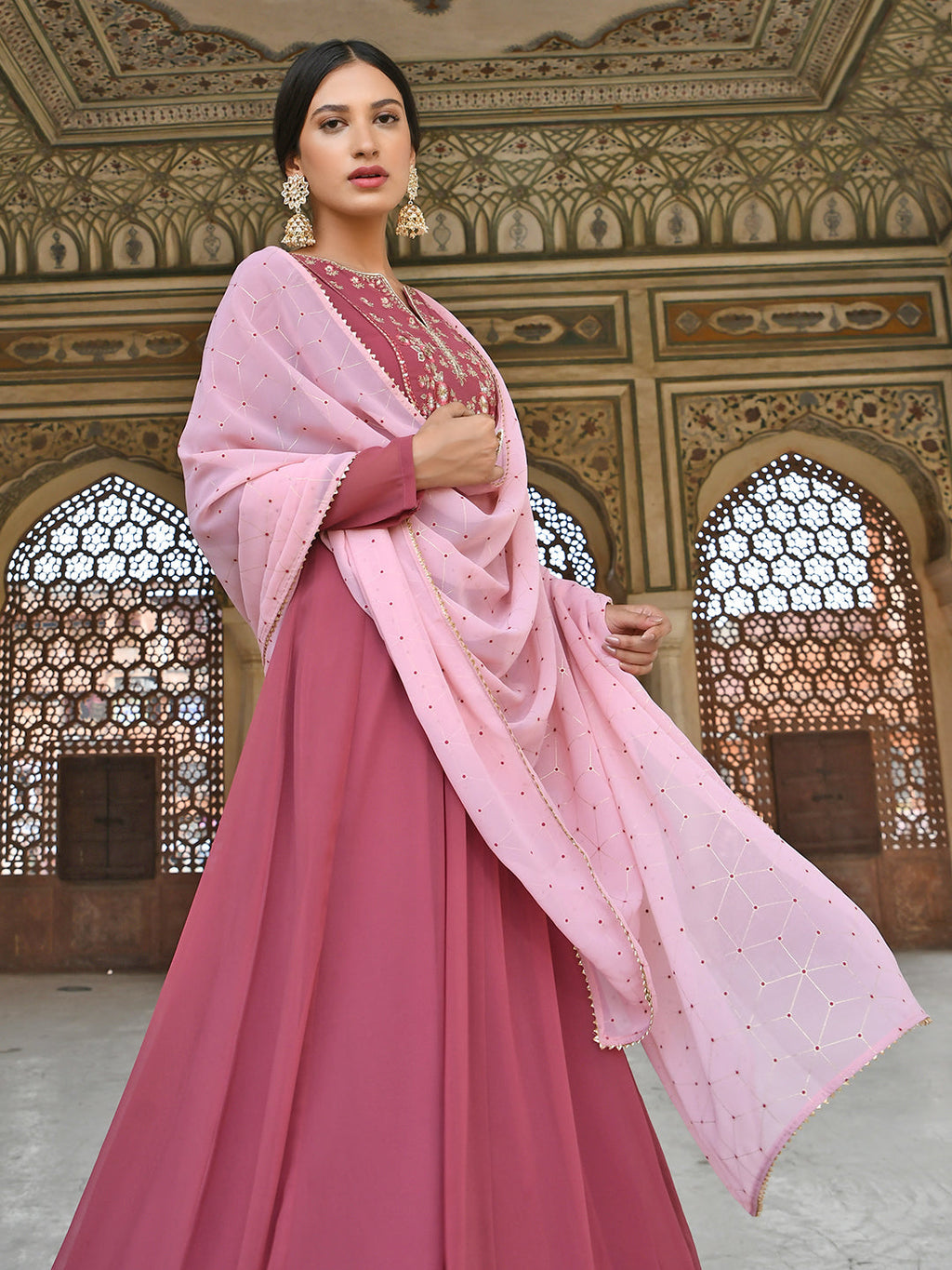 Janasya Women's Old Rose Georgette Embroidered Kurta With Dupatta | Grocsy