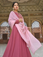 Janasya Women's Old Rose Georgette Embroidered Kurta With Dupatta | Grocsy