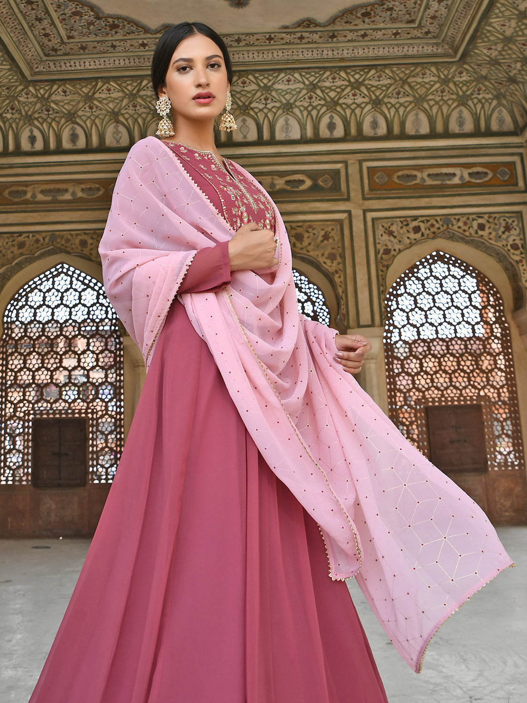 Janasya Women's Old Rose Georgette Embroidered Kurta With Dupatta | Grocsy