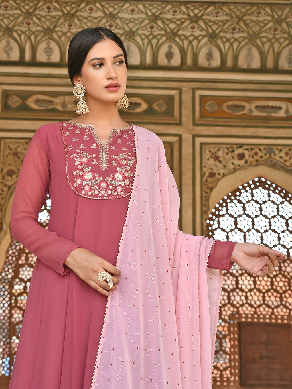 Janasya Women's Old Rose Georgette Embroidered Kurta With Dupatta | Grocsy