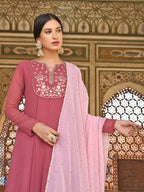 Janasya Women's Old Rose Georgette Embroidered Kurta With Dupatta | Grocsy