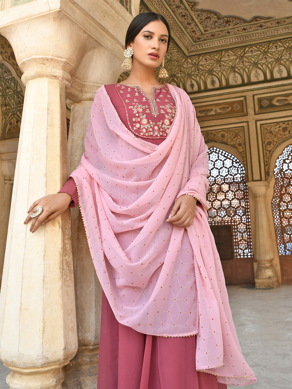 Janasya Women's Old Rose Georgette Embroidered Kurta With Dupatta | Grocsy