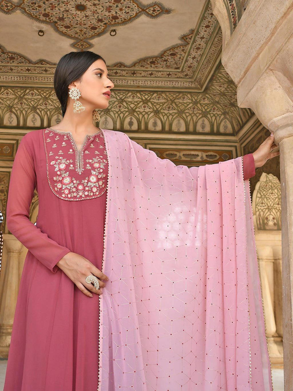 Janasya Women's Old Rose Georgette Embroidered Kurta With Dupatta | Grocsy