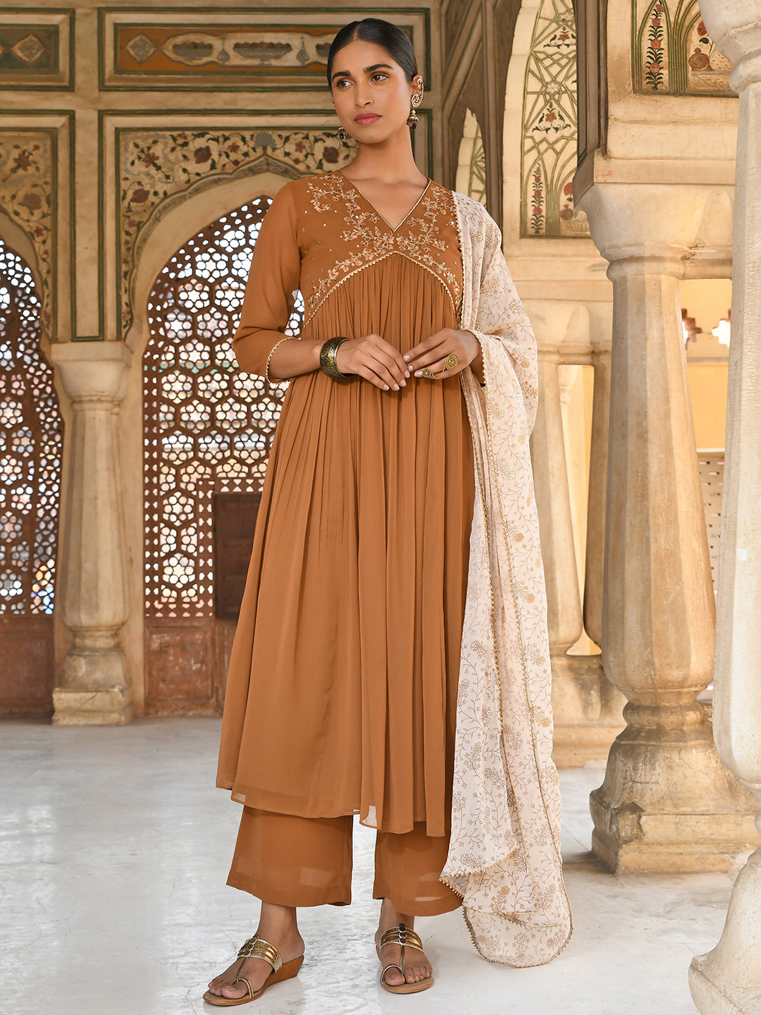 Janasya Women's Brown Georgette Floral Embroidery Kurta With Palazzo And Dupatta | Grocsy