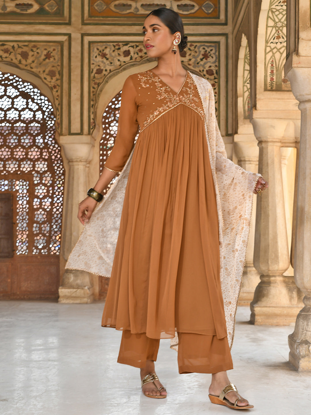 Janasya Women's Brown Georgette Floral Embroidery Kurta With Palazzo And Dupatta | Grocsy