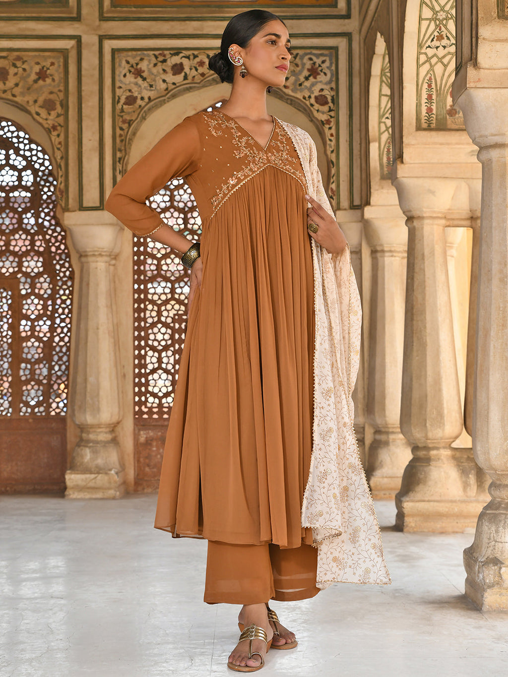 Janasya Women's Brown Georgette Floral Embroidery Kurta With Palazzo And Dupatta | Grocsy