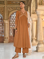 Janasya Women's Brown Georgette Floral Embroidery Kurta With Palazzo And Dupatta | Grocsy