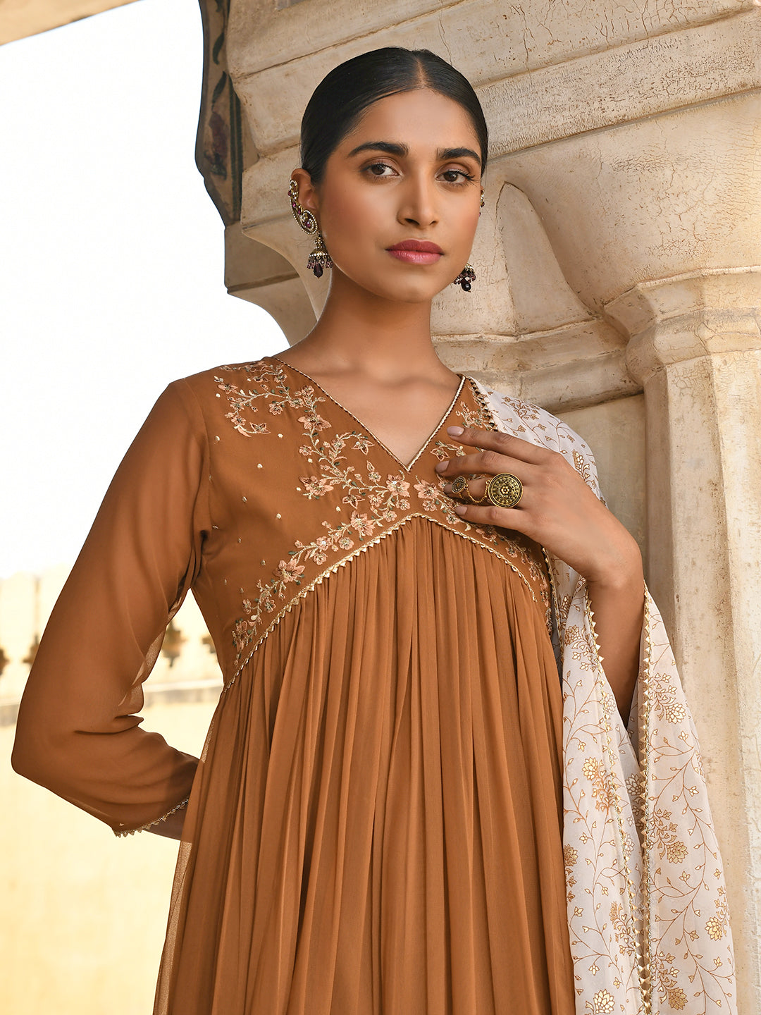 Janasya Women's Brown Georgette Floral Embroidery Kurta With Palazzo And Dupatta | Grocsy