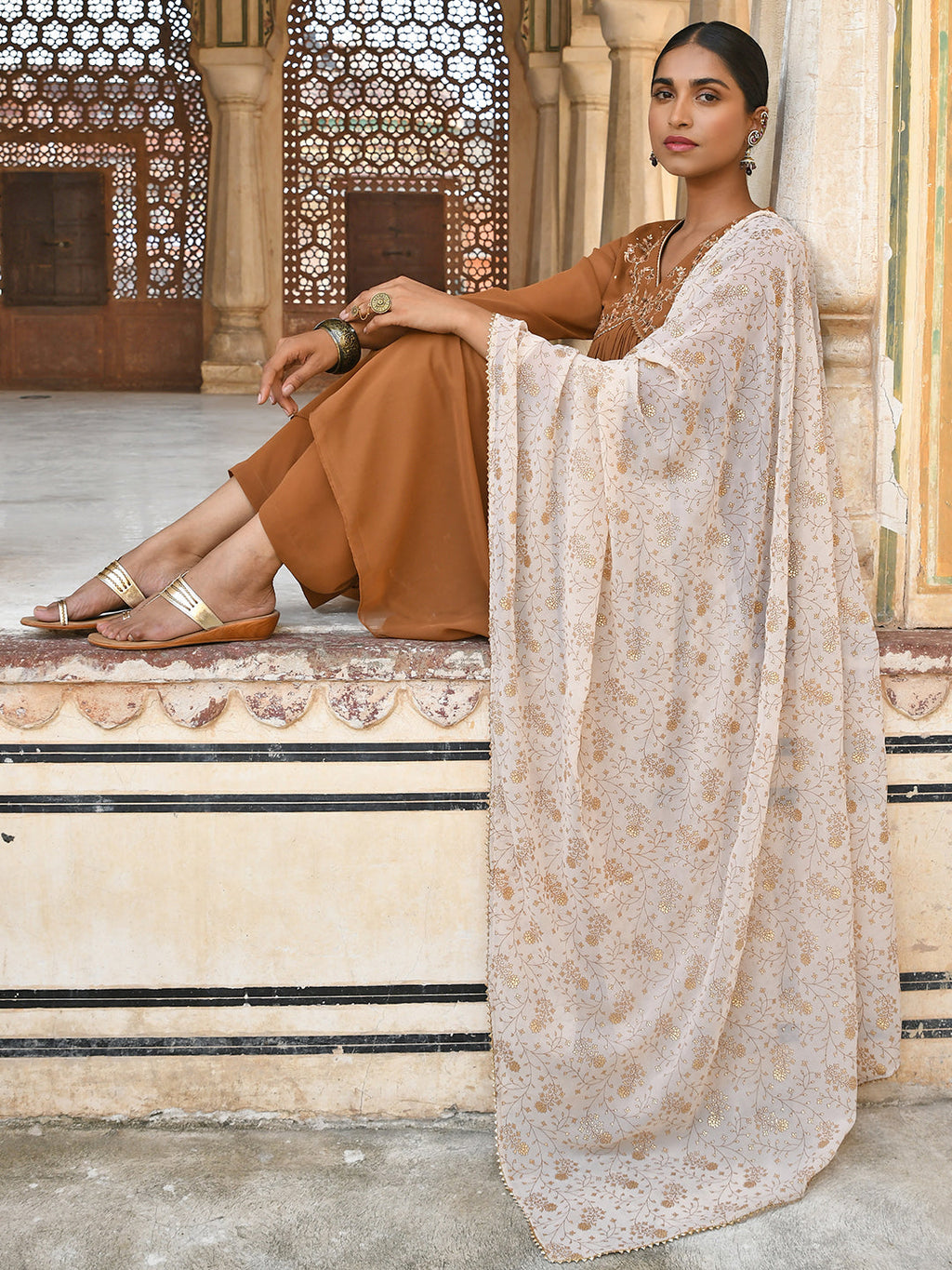 Janasya Women's Brown Georgette Floral Embroidery Kurta With Palazzo And Dupatta | Grocsy