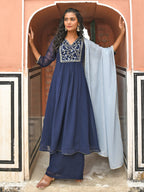 Janasya Women's Navy Blue Georgette Embroidered Kurta With Flared Palazzo And Dupatta | Grocsy