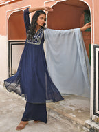 Janasya Women's Navy Blue Georgette Embroidered Kurta With Flared Palazzo And Dupatta | Grocsy